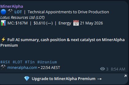 MinerAlpha free alert — LOT Lotus Resources